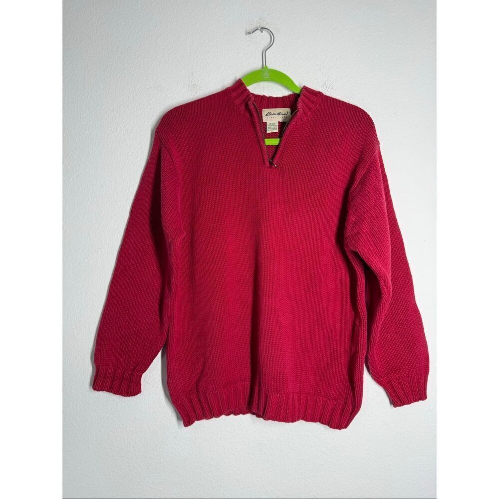 EDDIE BAUER 1/4 Zip Sweater Men S/P Red Knit Long Sleeve Pullover Cotton